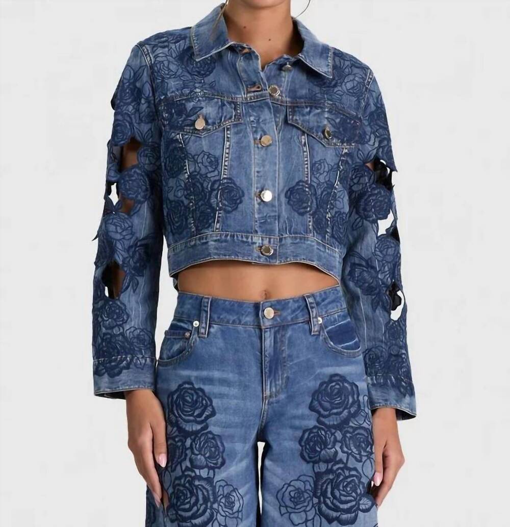 NEW ALICE + OLIVIA chloe laser cut denim jacket in brooklyn blue